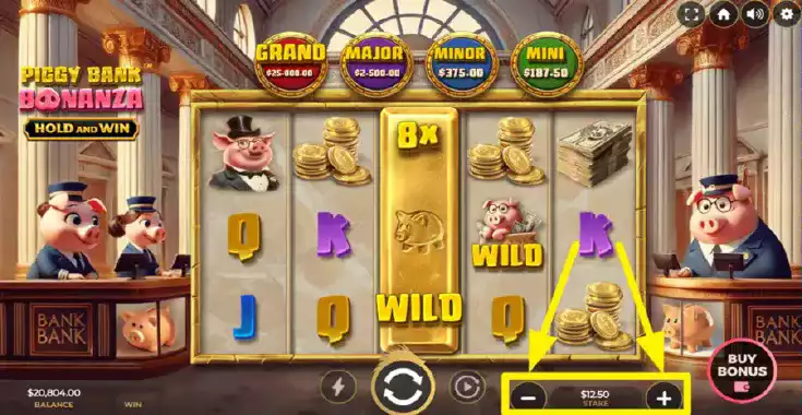 Piggy Bank Bonanza — ekran bonusu Hold and Win ze złotymi monetami i symbolami jackpota