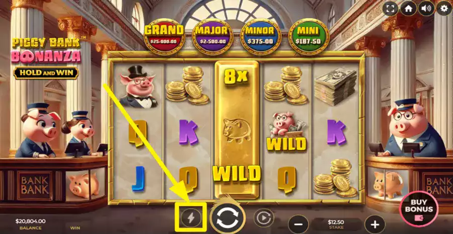 Piggy Bank Bonanza — Nudging Wild z mnożnikiem 8x na bębnie 3
