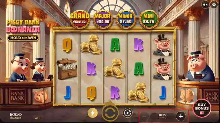 Piggy Bank Bonanza Hold and Win — zrzut ekranu gry z siatką 5x3 i jackpotami